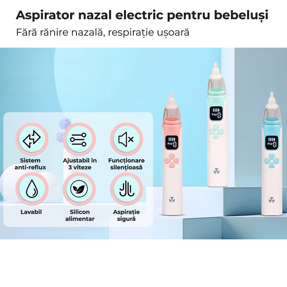 Aspirator nazal electric pentru bebeluși, reîncărcabil, cu 4 vârfuri din silicon