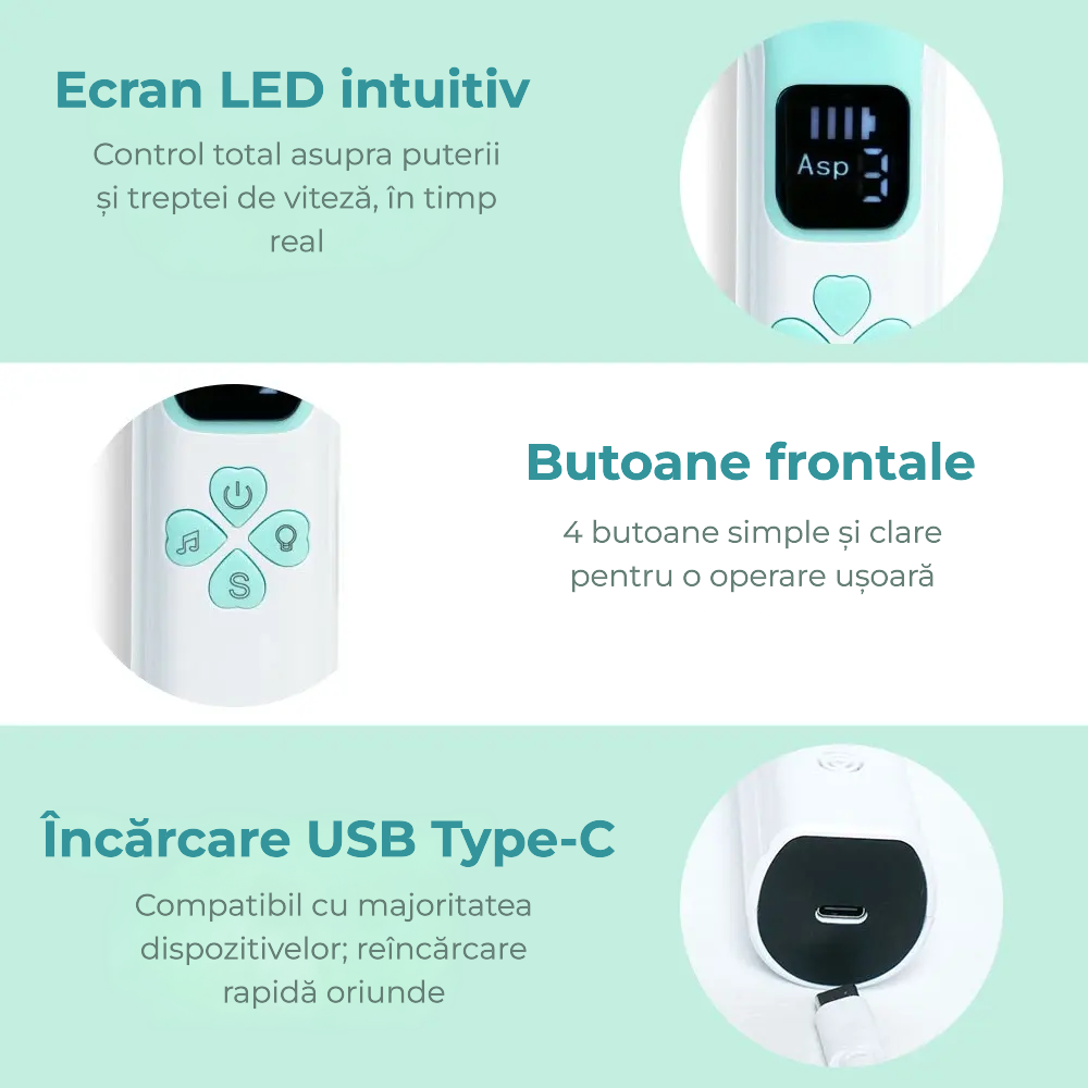 Aspirator nazal electric pentru bebeluși, reîncărcabil, cu 4 vârfuri din silicon