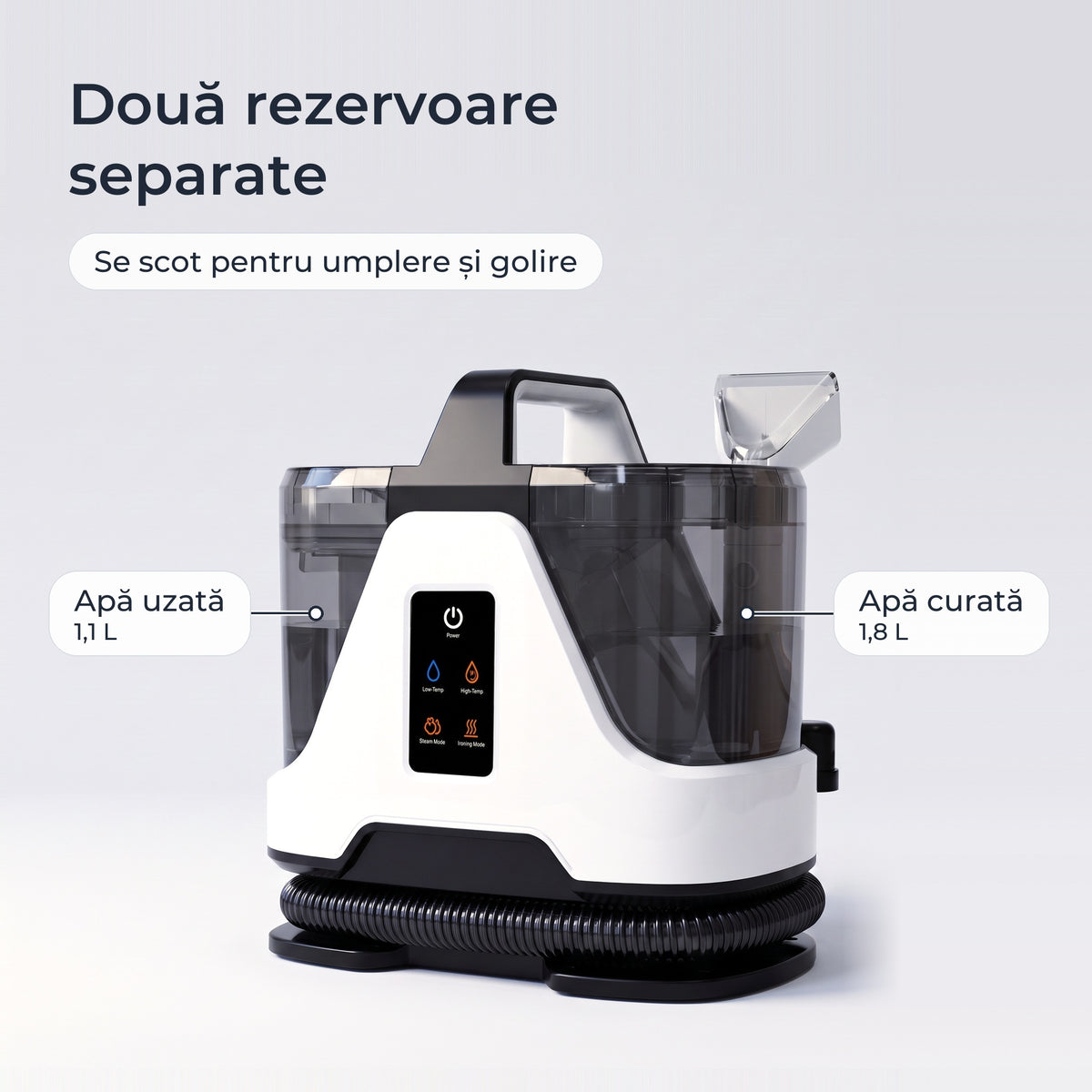 Două rezervoare separate: apă curată 1,8 L și apă uzată 1,1 L
