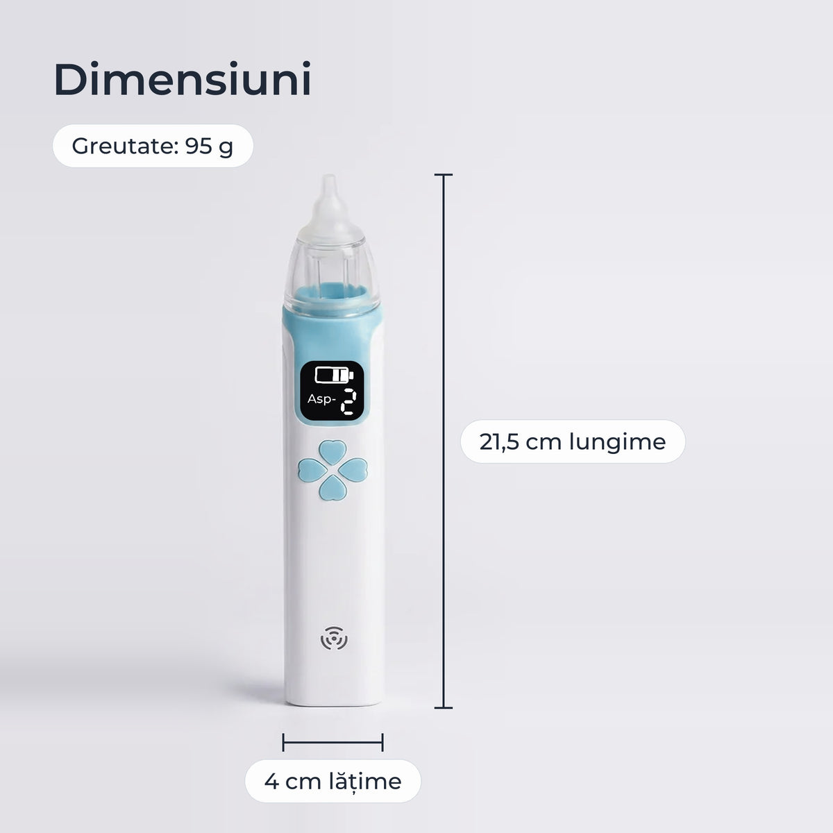Dimensiunile aspiratorului nazal: 21,5 cm lungime, 4 cm lățime, 95 g