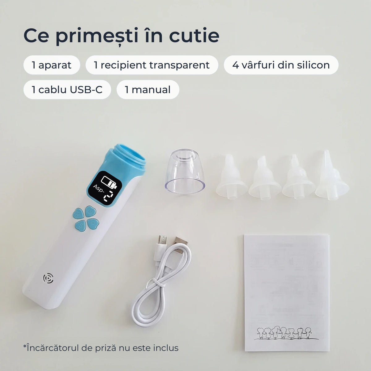 Conținutul cutiei: aparat, recipient, 4 vârfuri din silicon, cablu USB-C și manual