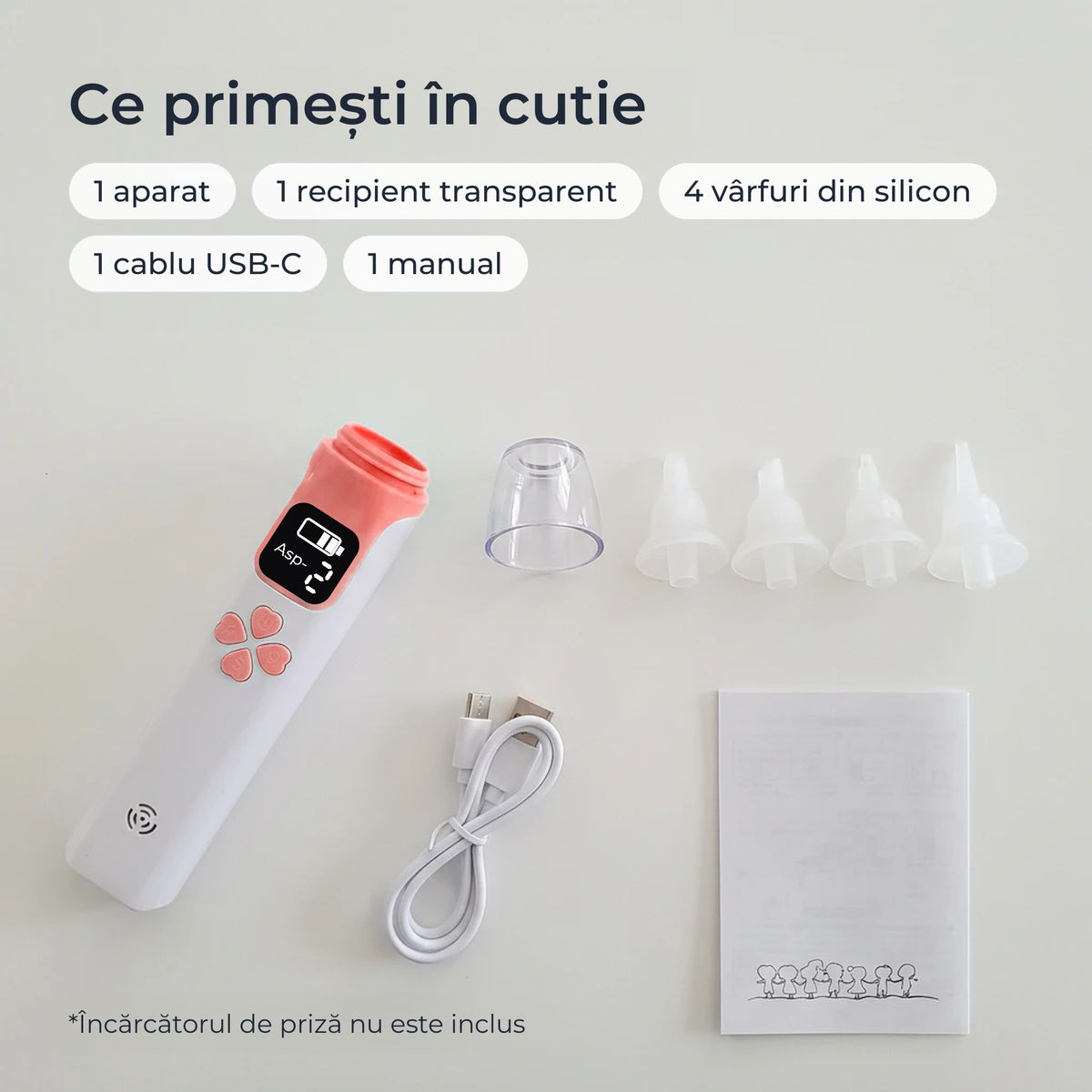 Conținutul cutiei: aparat, recipient, 4 vârfuri din silicon, cablu USB-C și manual