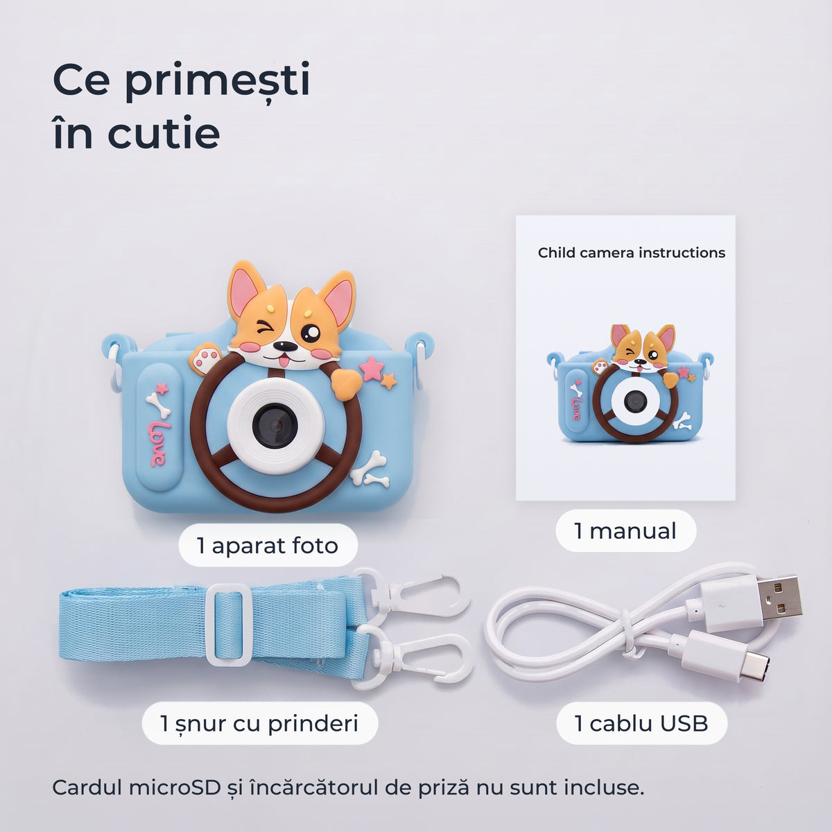 Conținutul cutiei: aparat foto, manual, șnur cu prinderi, cablu USB; cardul microSD nu este inclus