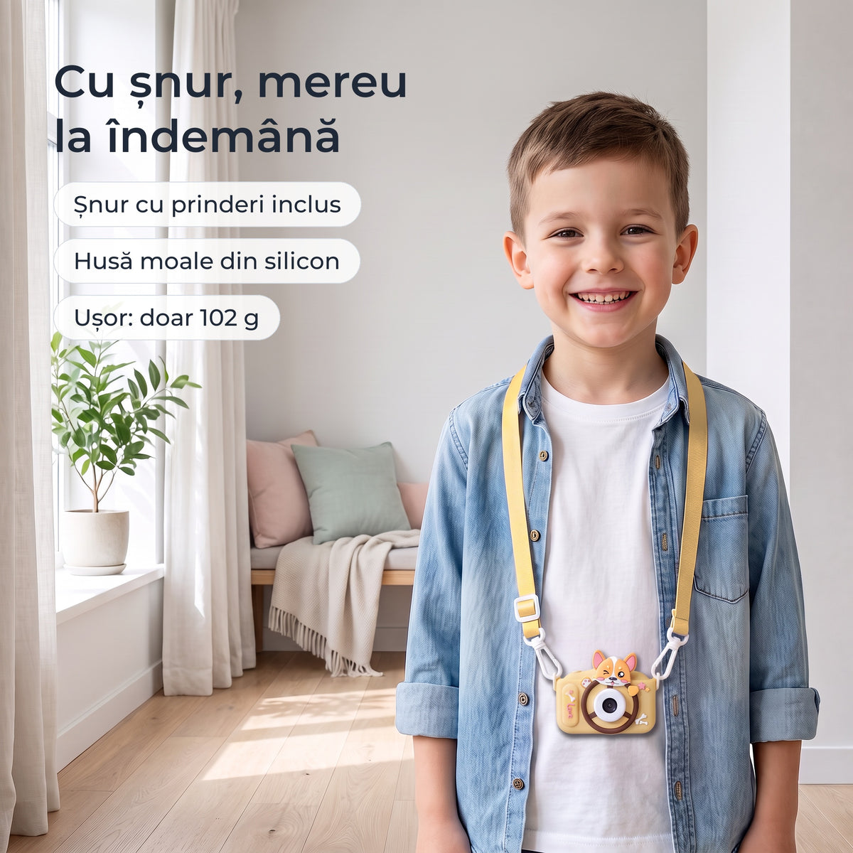 Băiat cu aparatul foto galben la gât, pe șnurul inclus, cu husă moale din silicon