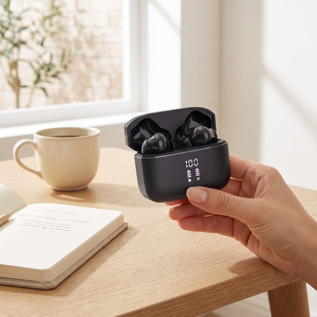 Căști wireless TWS cu carcasă de încărcare, în folosință, culoare: negru