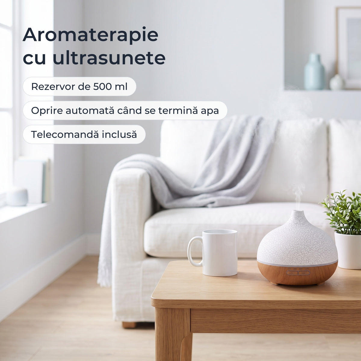 Difuzorul de aromaterapie în living: ultrasunete, rezervor de 500 ml, oprire automată când se termină apa