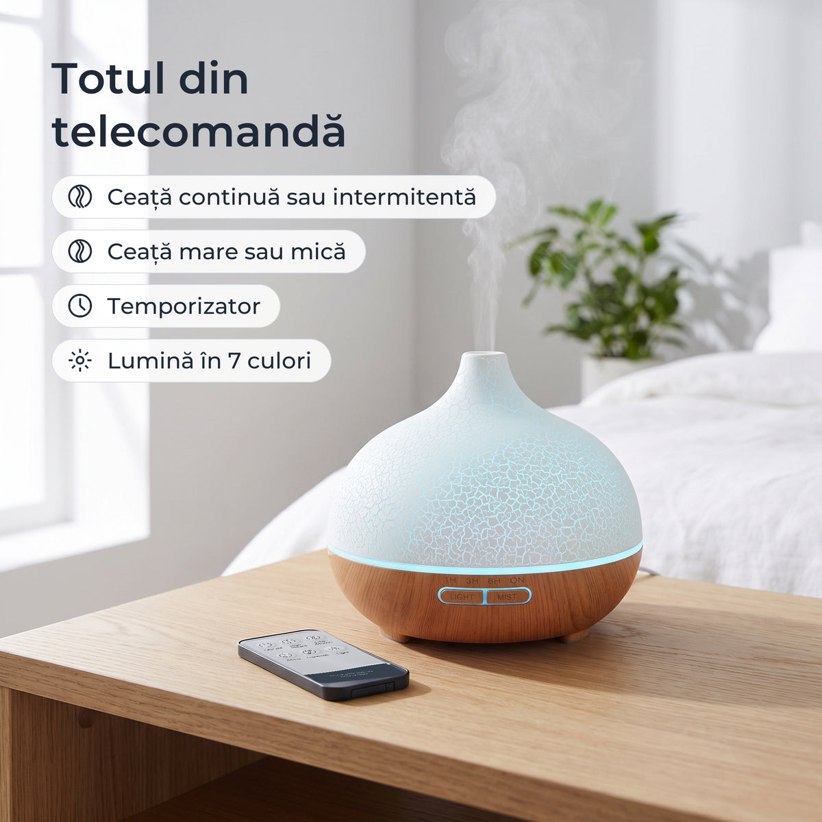 Telecomanda difuzorului: ceață continuă sau intermitentă, ceață mare sau mică, temporizator, lumină în 7 culori