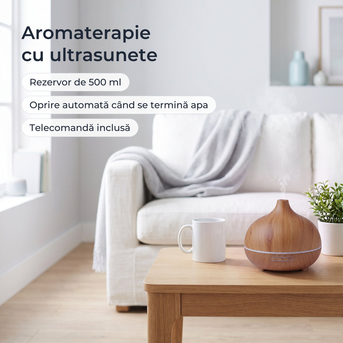 Difuzorul de aromaterapie cu aspect de lemn în living: ultrasunete, rezervor de 500 ml, oprire automată când se termină apa
