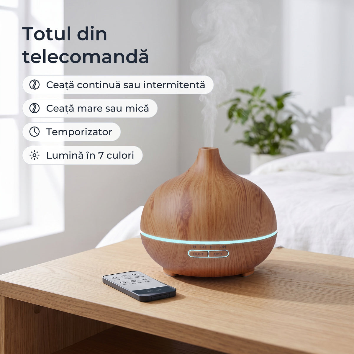 Telecomanda difuzorului: ceață continuă sau intermitentă, ceață mare sau mică, temporizator, lumină în 7 culori