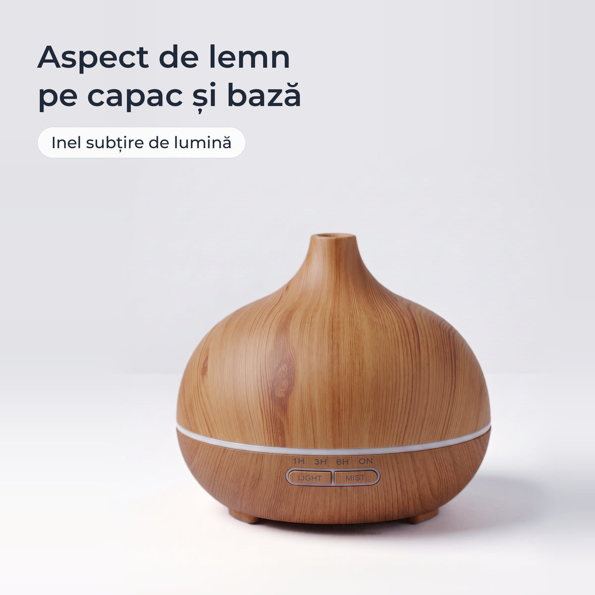 Difuzorul cu capac și bază cu model de lemn și inel subțire de lumină