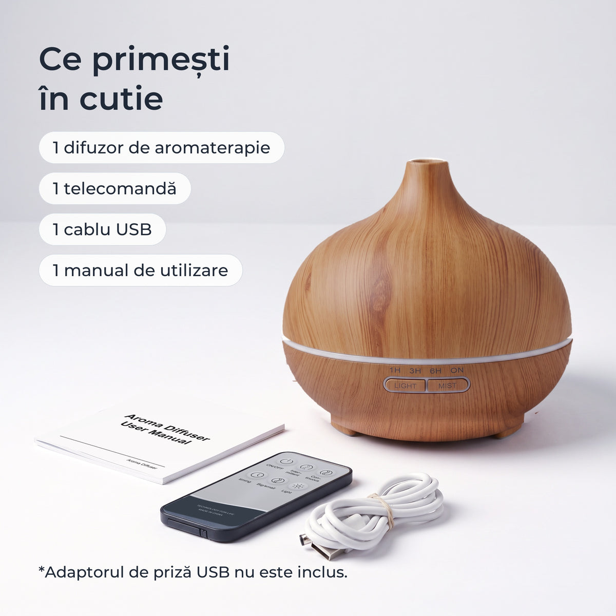 Conținutul cutiei: difuzor, telecomandă, cablu USB, manual de utilizare