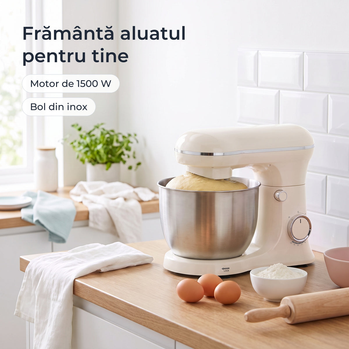 Mixerul planetar alb frământă aluat în bolul din inox, motor de 1500 W