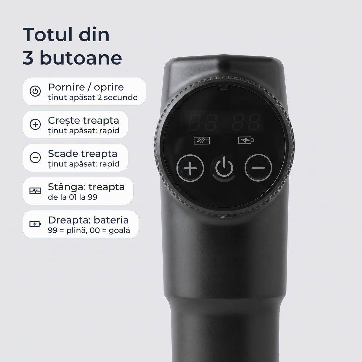 Panoul pistolului de masaj: pornire/oprire, plus și minus, treapta de la 01 la 99 și nivelul bateriei