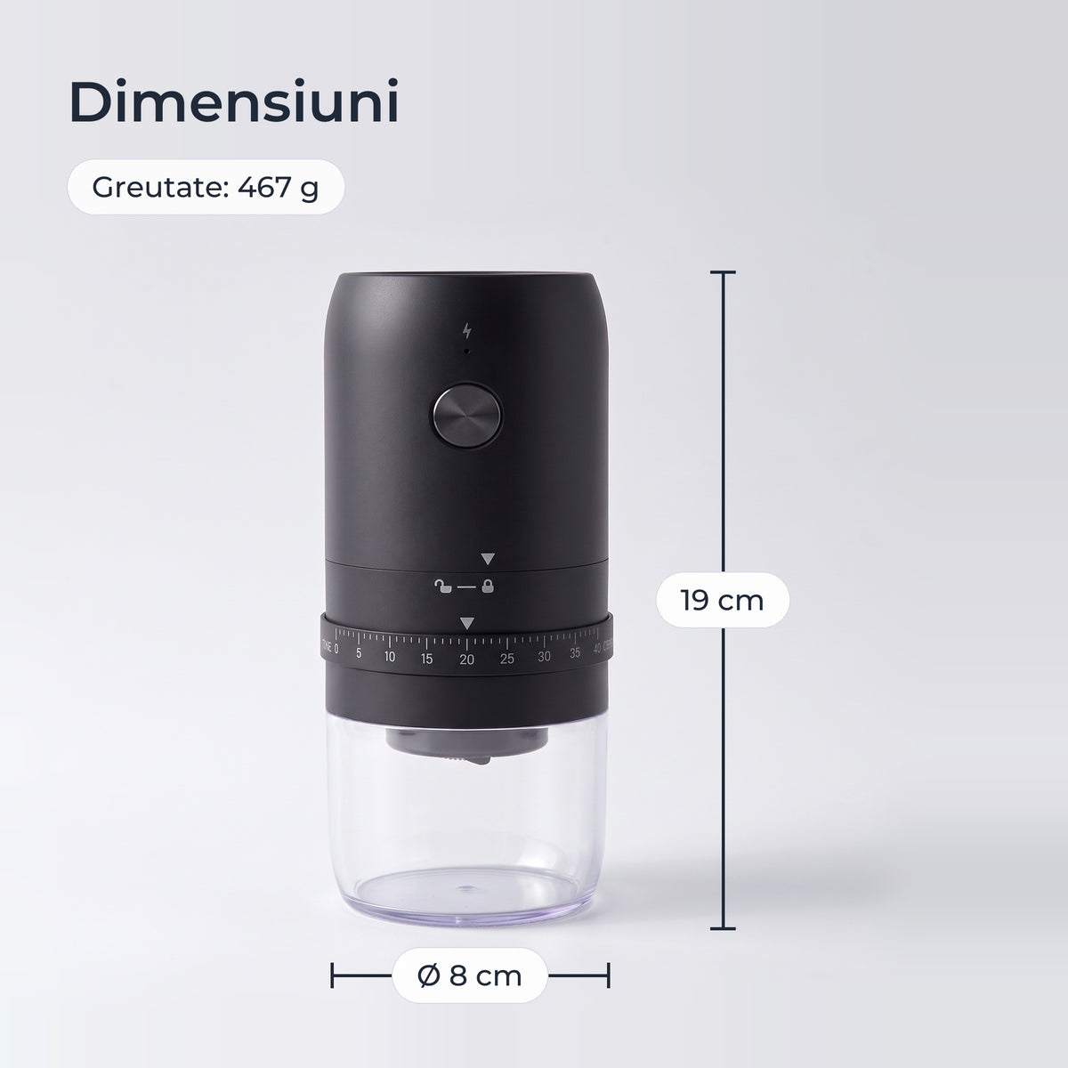 Dimensiunile râșniței: 19 cm înălțime, 8 cm diametru, 467 g