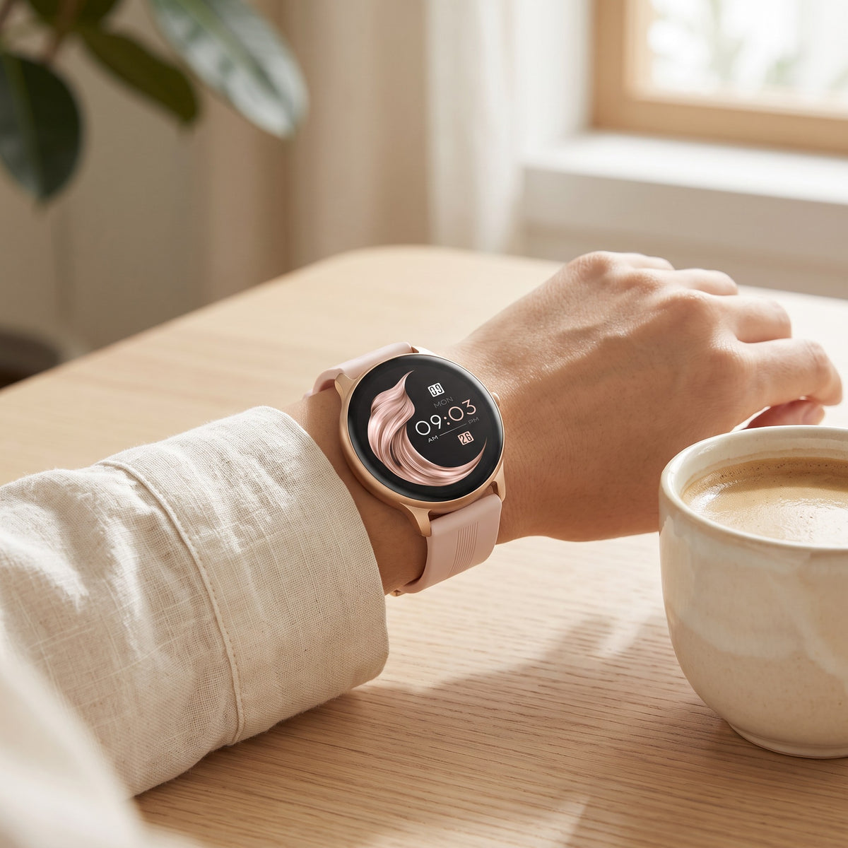 Smartwatch cu apeluri Bluetooth, în folosință, culoare: roz