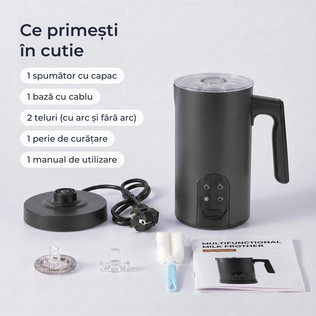Conținutul cutiei: spumător cu capac, bază cu cablu, 2 teluri, perie de curățare, manual