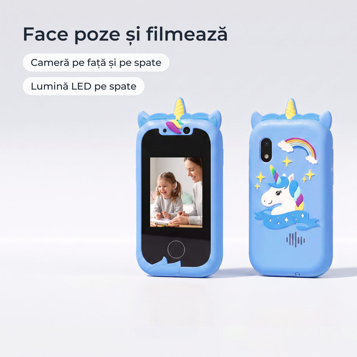 Telefon educativ pentru copii, culoare: albastru, face poze și filmează, cameră pe față și pe spate, lumină LED pe spate