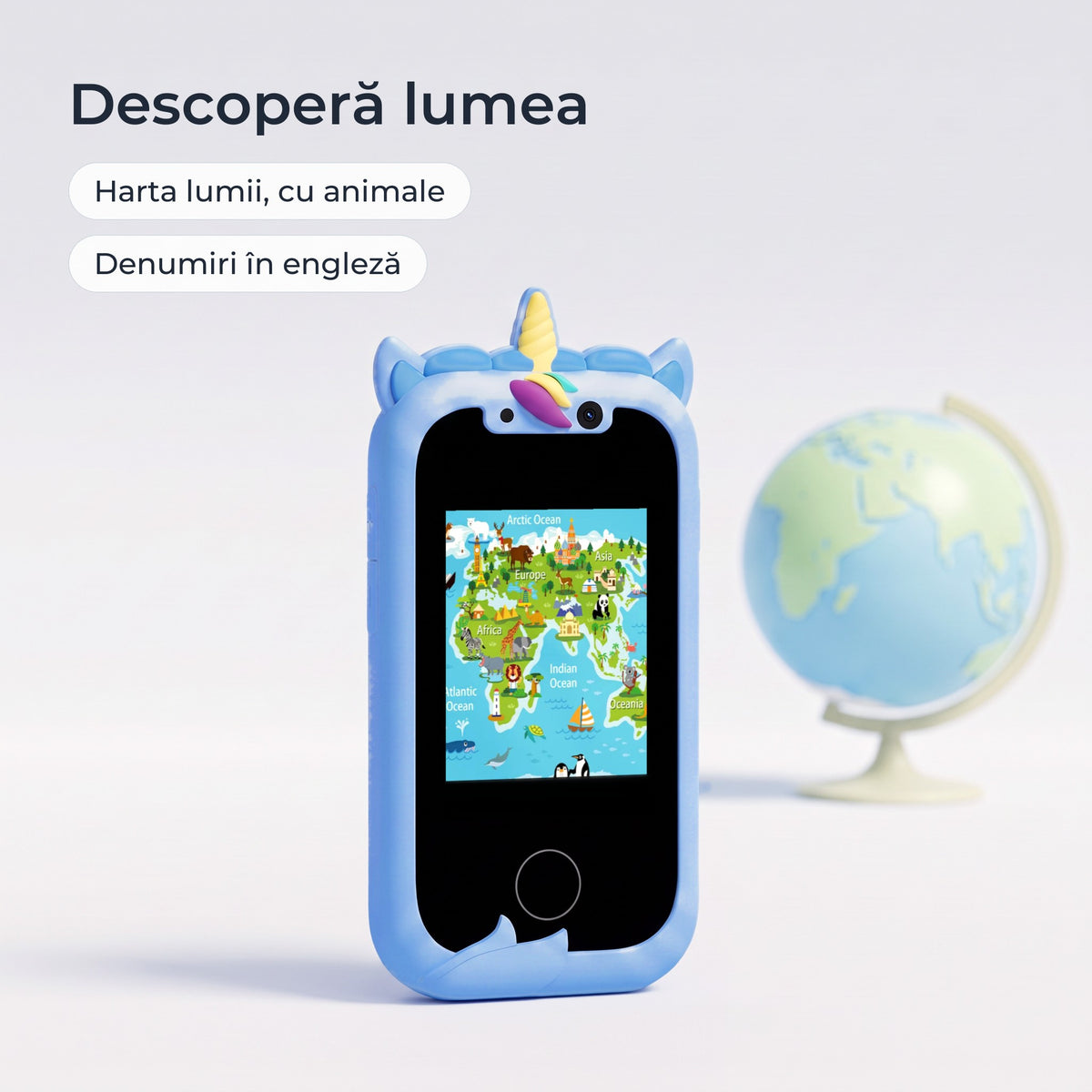 Telefon educativ pentru copii, culoare: albastru, descoperă lumea, harta lumii cu animale, denumiri în engleză