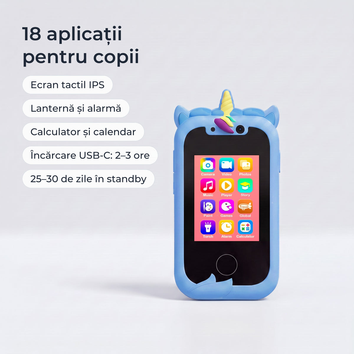Telefon educativ pentru copii, culoare: albastru, 18 aplicații pentru copii, ecran tactil IPS, încărcare USB-C, 25–30 de zile în standby