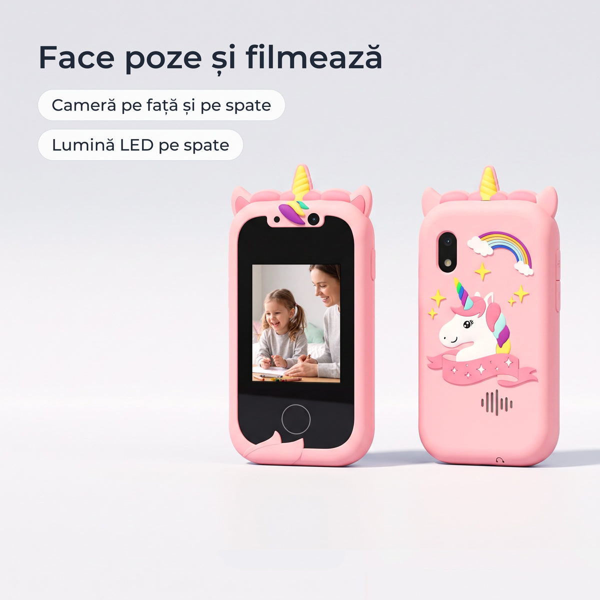 Telefon educativ pentru copii, culoare: roz, face poze și filmează, cameră pe față și pe spate, lumină LED pe spate