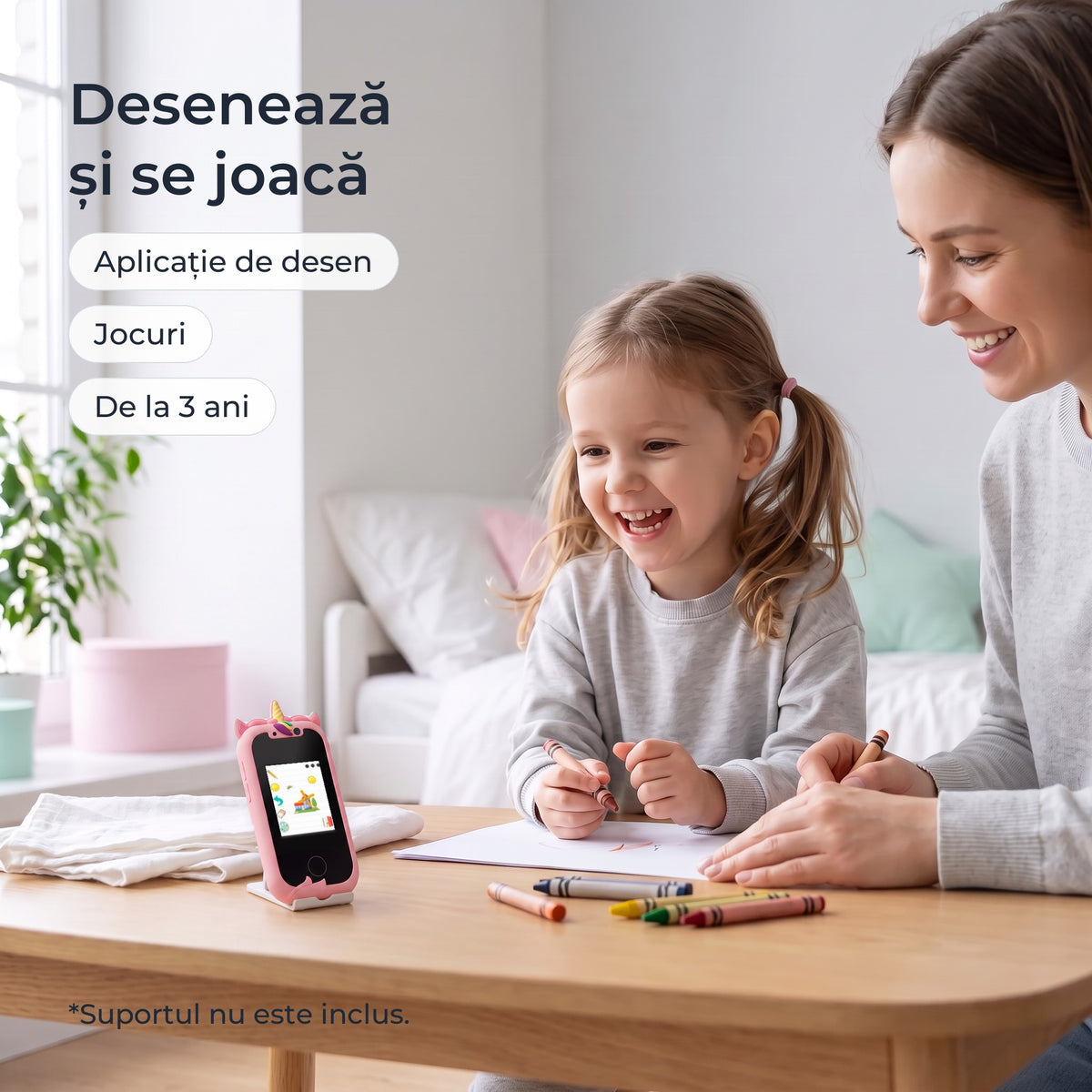 Telefon educativ pentru copii, culoare: roz, desenează și se joacă, aplicație de desen și jocuri, de la 3 ani