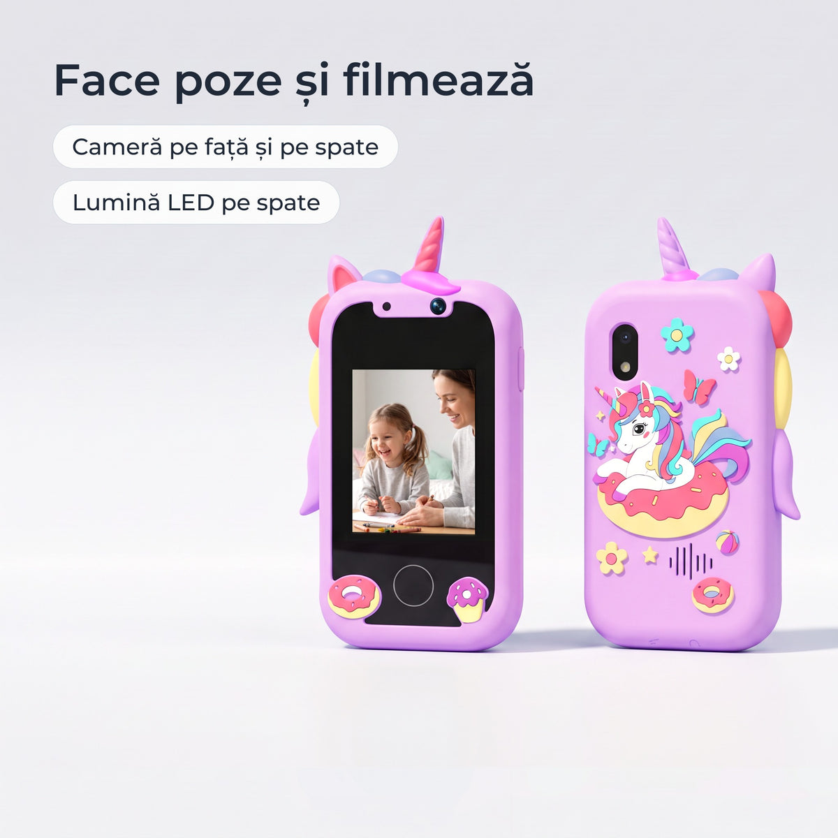 Telefon educativ pentru copii, culoare: violet, face poze și filmează, cameră pe față și pe spate, lumină LED pe spate
