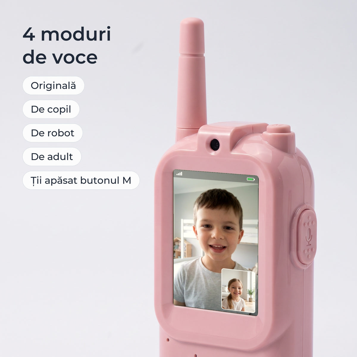 Cele 4 moduri de voce ale stației: originală, de copil, de robot și de adult, schimbate din butonul M