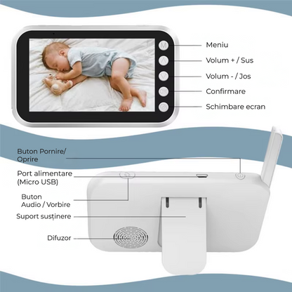 Baby monitor video 4,3" cu cameră rotativă