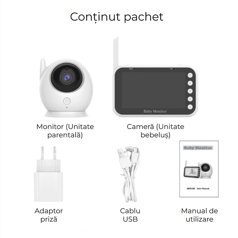 Baby monitor video 4,3" cu cameră rotativă