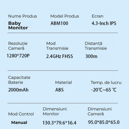 Baby monitor video 4,3" cu cameră rotativă