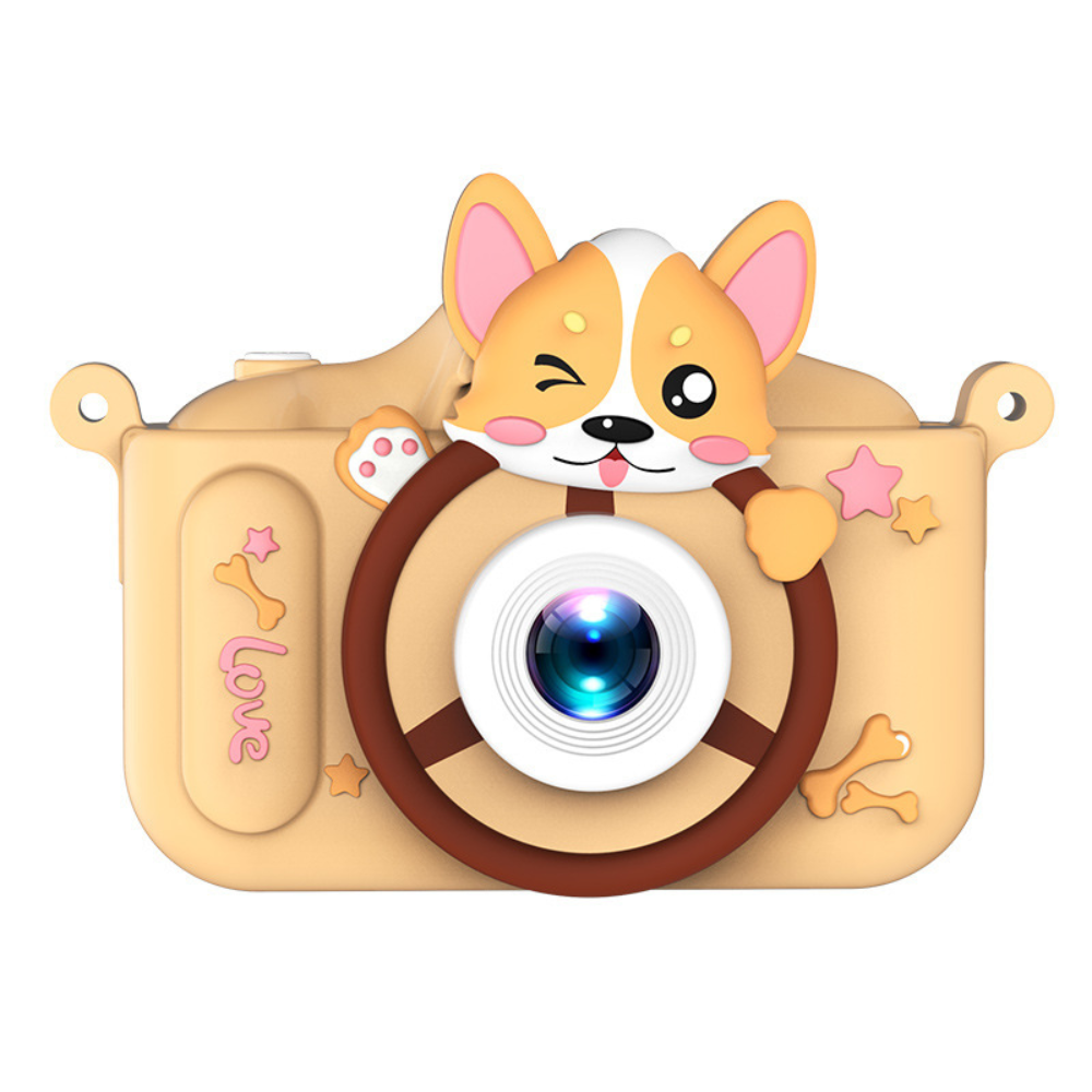 Aparat foto digital pentru copii cu motiv corgi, galben, vedere din față 