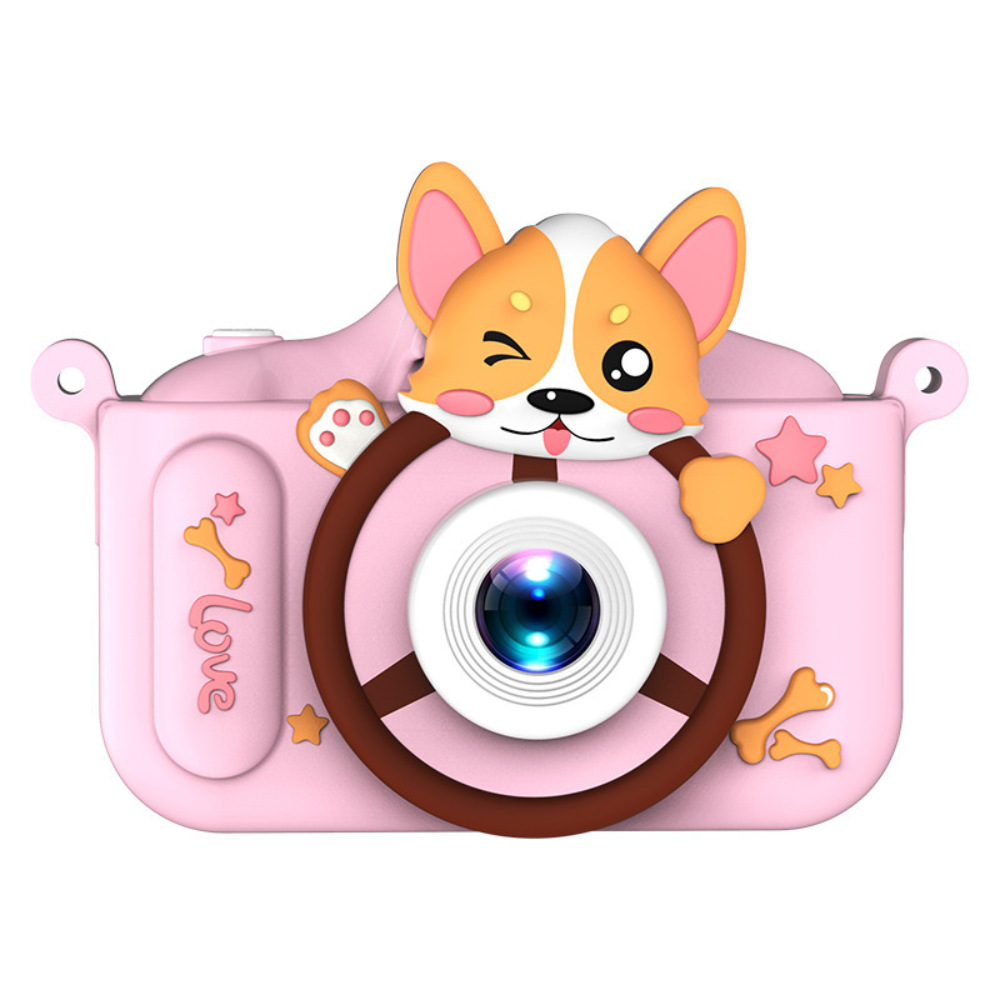 Aparat foto digital pentru copii cu motiv corgi, roz, vedere din față 
