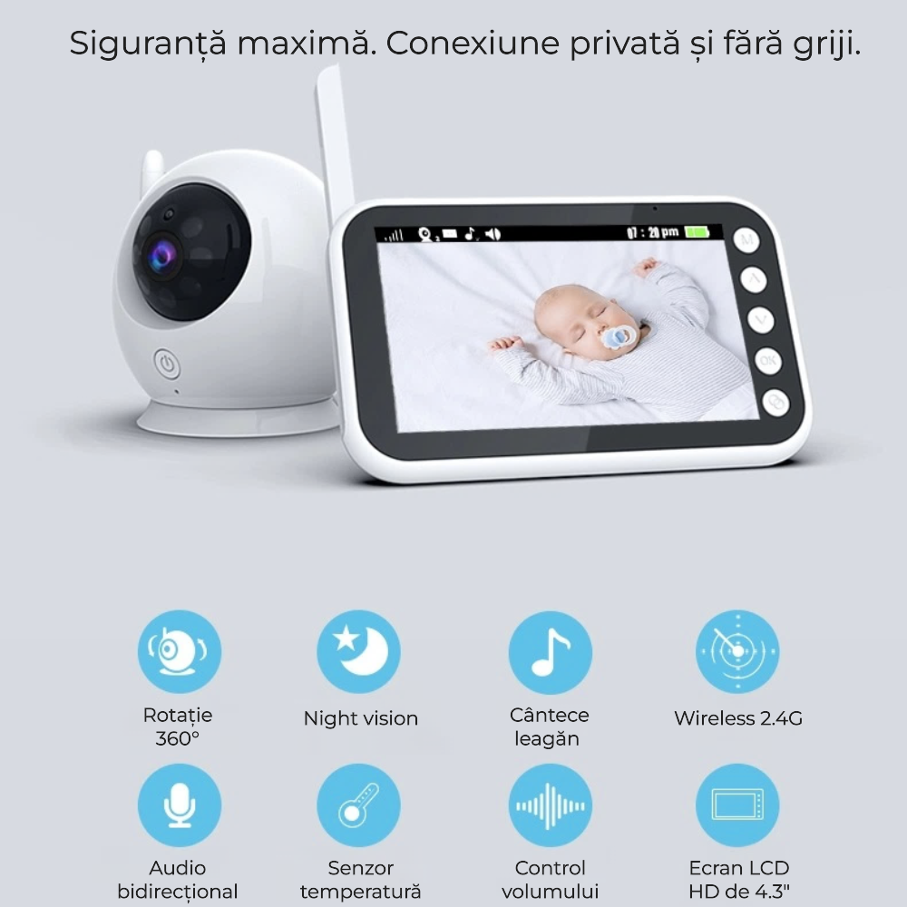 Baby monitor video 4,3" cu cameră rotativă
