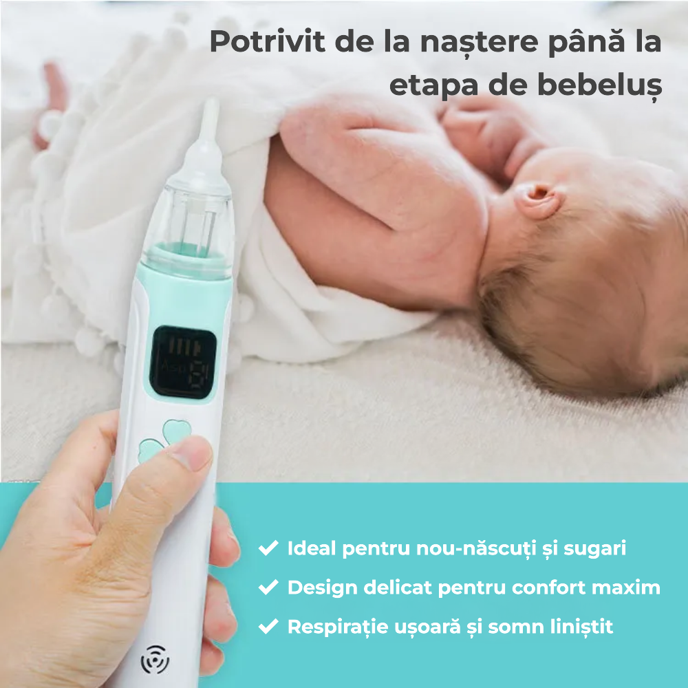 Aspirator nazal electric pentru bebeluși, reîncărcabil, cu 4 vârfuri din silicon
