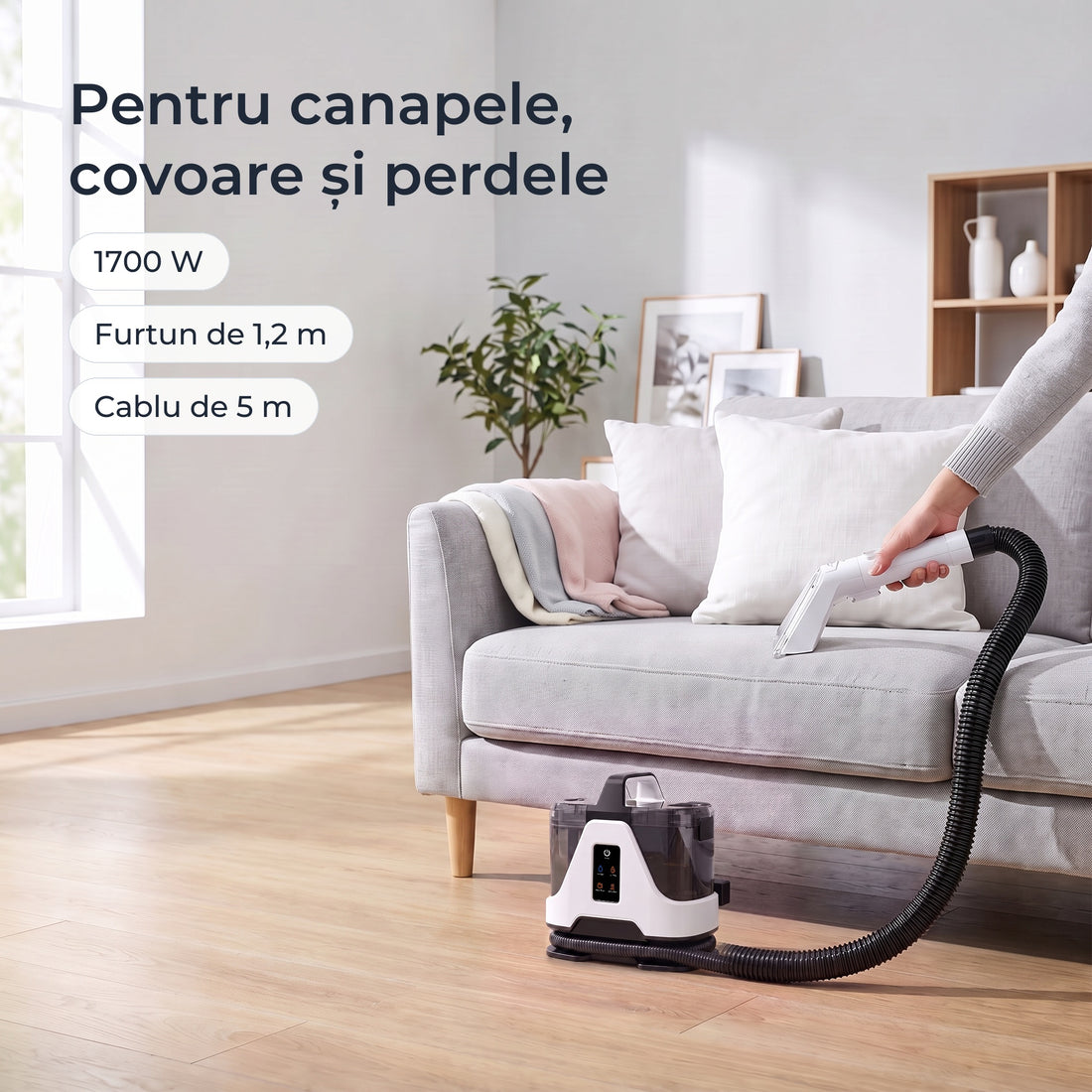 Aparatul cu abur folosit pe o canapea: 1700 W, furtun de 1,2 m, cablu de 5 m