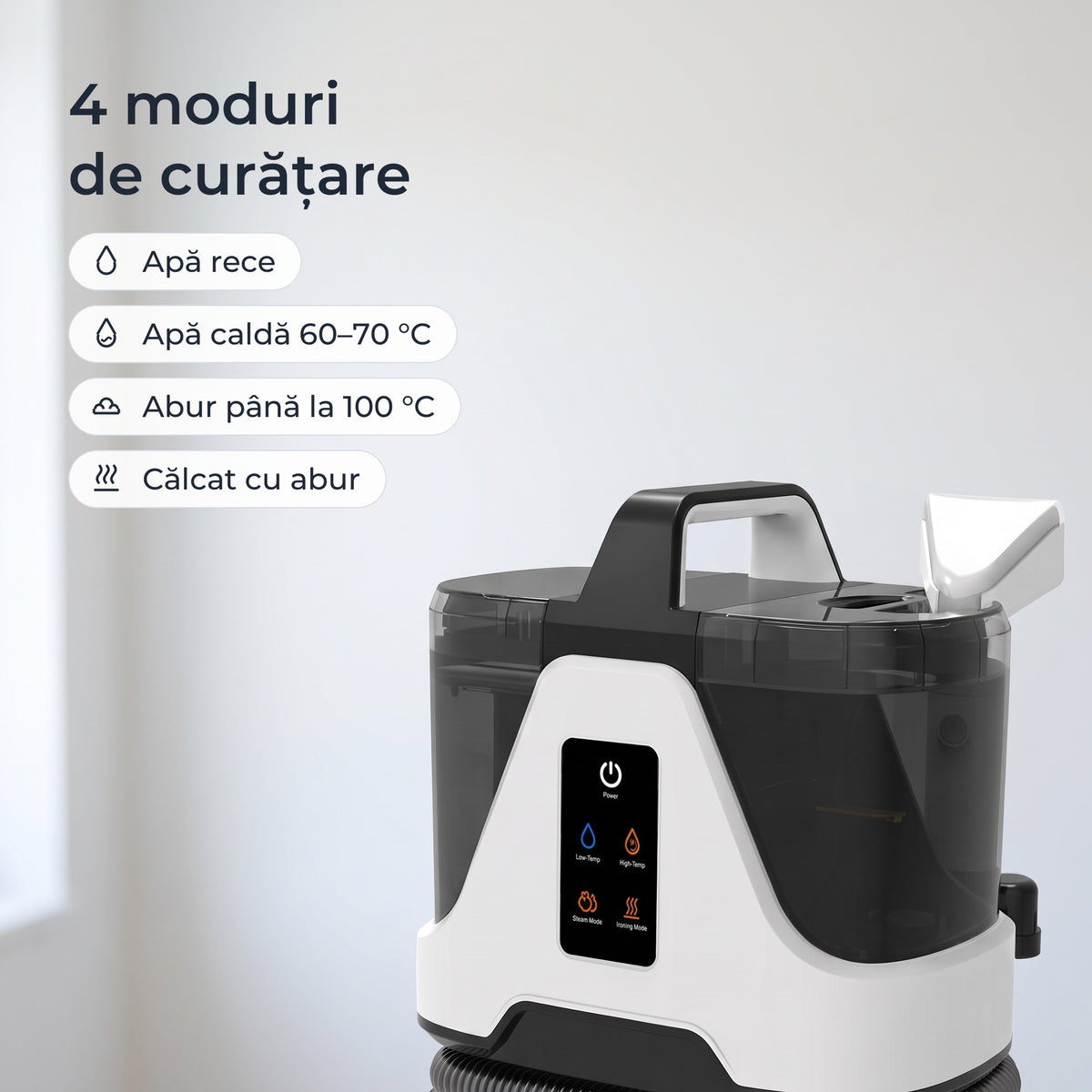 Panoul cu 4 moduri: apă rece, apă caldă 60–70 °C, abur până la 100 °C, călcat cu abur