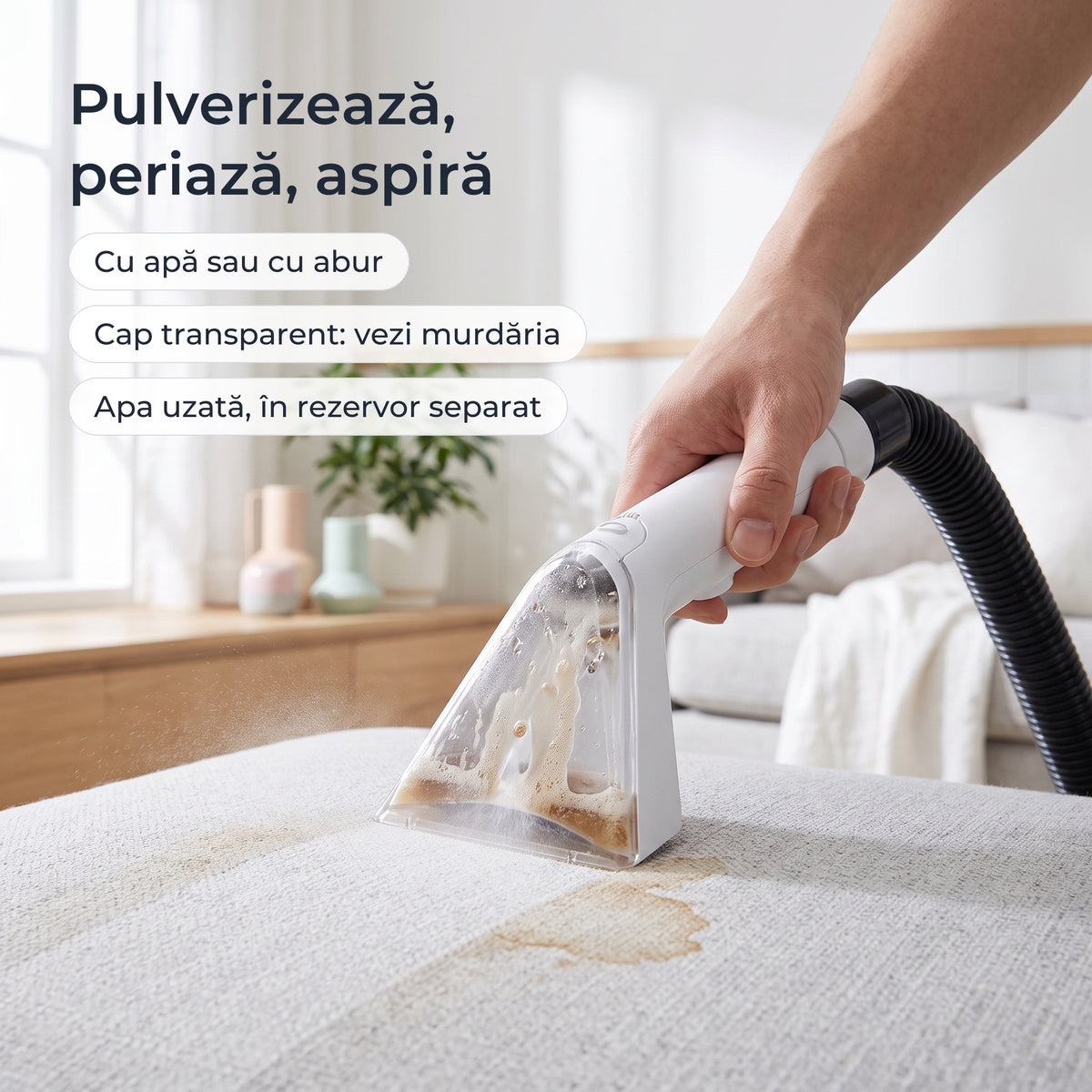 Capul de spălare transparent pulverizează, periază și aspiră murdăria de pe canapea