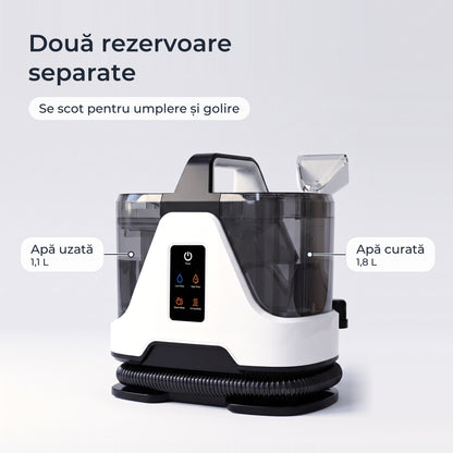 Două rezervoare separate: apă curată 1,8 L și apă uzată 1,1 L