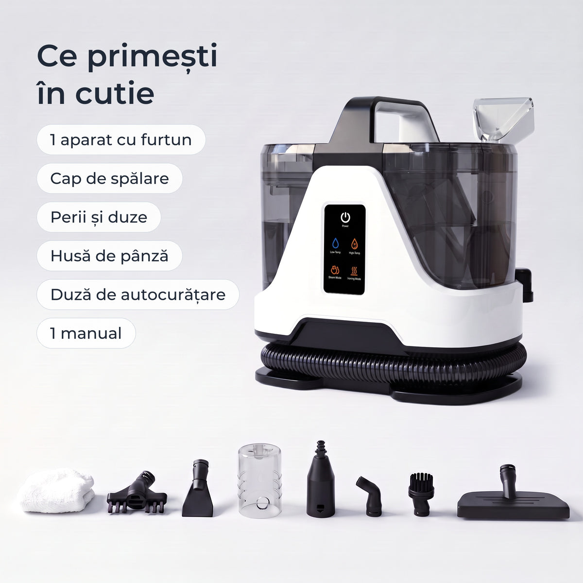 Conținutul cutiei: aparat cu furtun, cap de spălare, perii și duze, husă de pânză, duză de autocurățare, manual