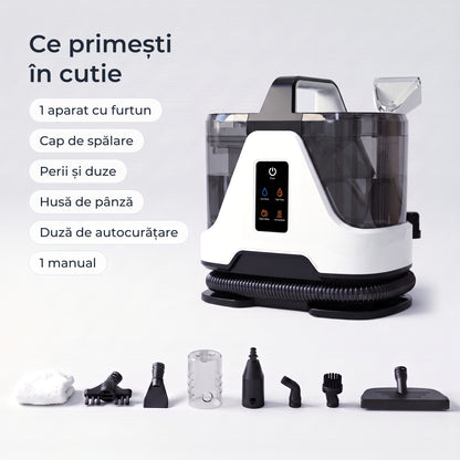 Conținutul cutiei: aparat cu furtun, cap de spălare, perii și duze, husă de pânză, duză de autocurățare, manual