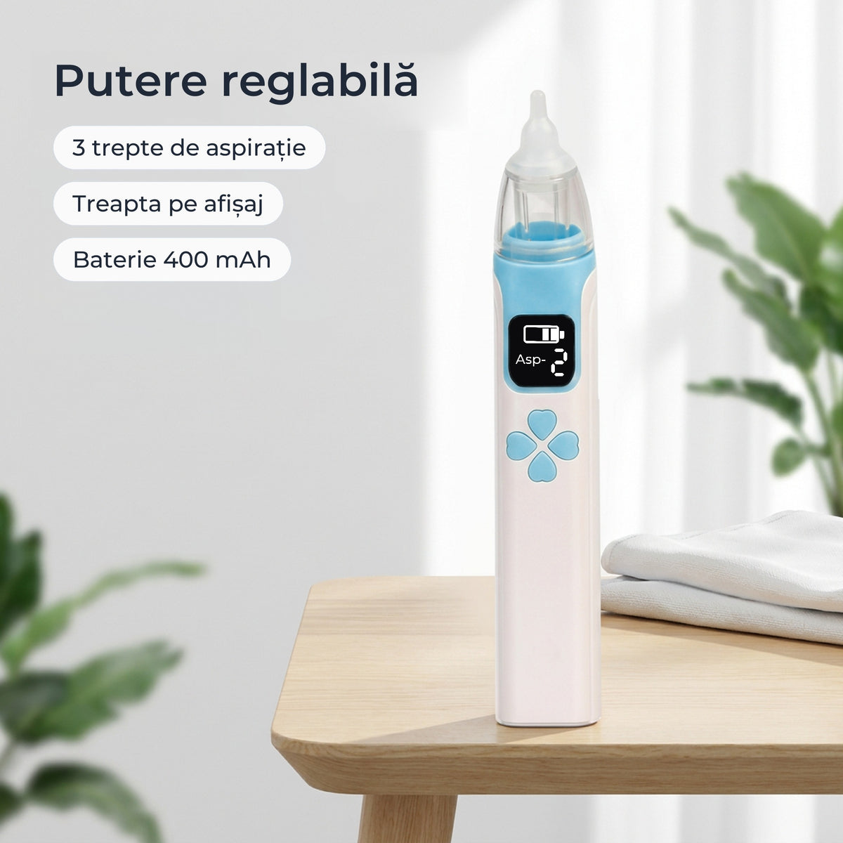 Aspirator nazal electric albastru cu 3 trepte de aspirație și baterie de 400 mAh 