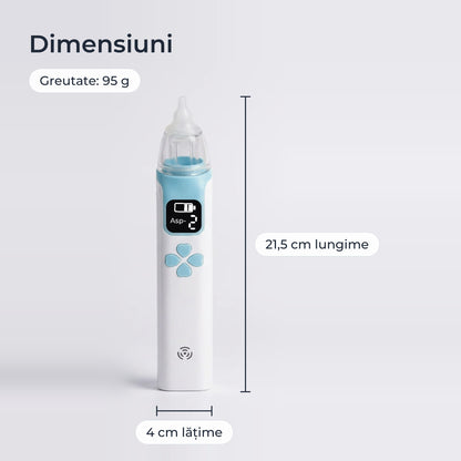 Dimensiunile aspiratorului nazal: 21,5 cm lungime, 4 cm lățime, 95 g 