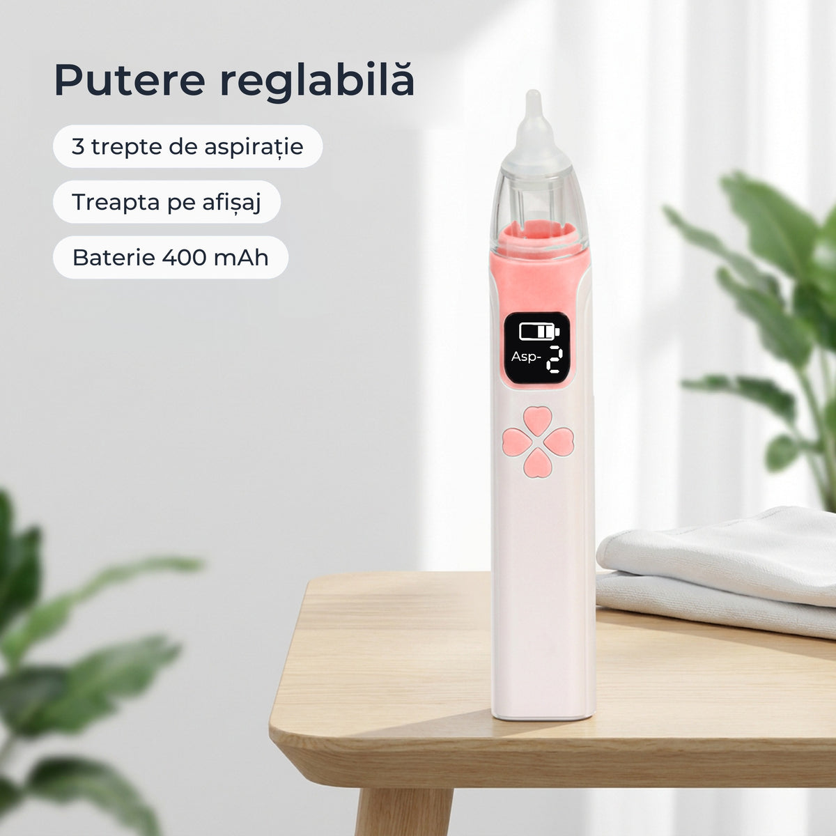 Aspirator nazal electric roz cu 3 trepte de aspirație și baterie de 400 mAh 
