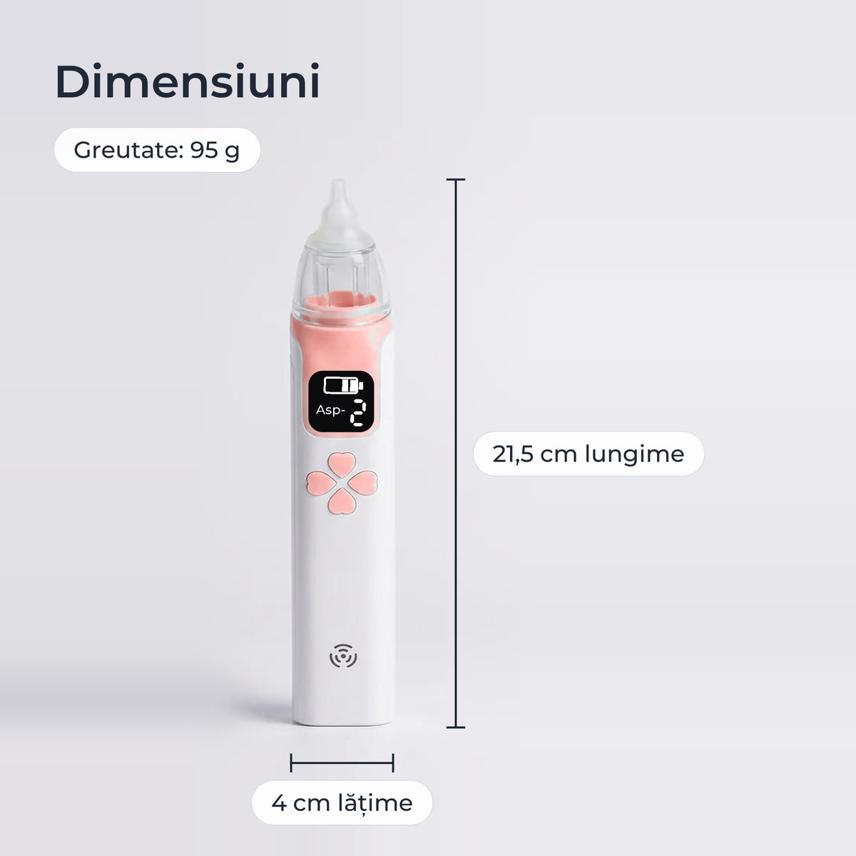 Dimensiunile aspiratorului nazal: 21,5 cm lungime, 4 cm lățime, 95 g 