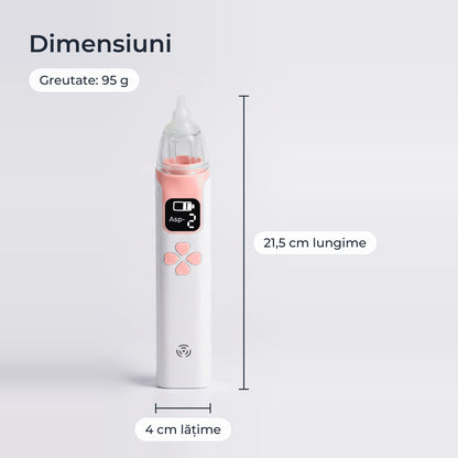 Dimensiunile aspiratorului nazal: 21,5 cm lungime, 4 cm lățime, 95 g 