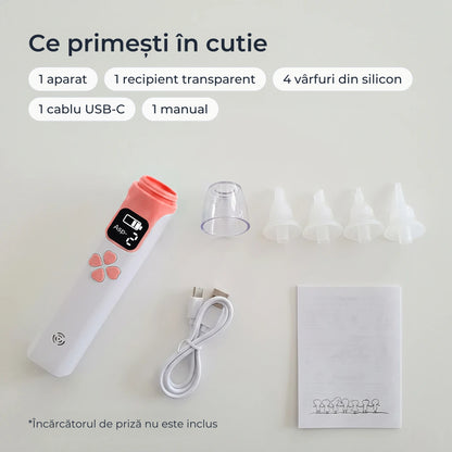 Conținutul cutiei: aparat, recipient, 4 vârfuri din silicon, cablu USB-C și manual 