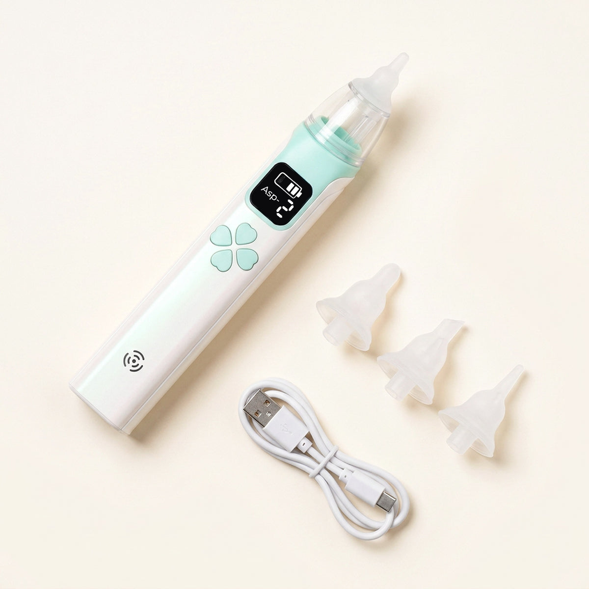 Aspirator nazal electric pentru bebeluși, verde, cu 3 capete de silicon și cablu USB-C 