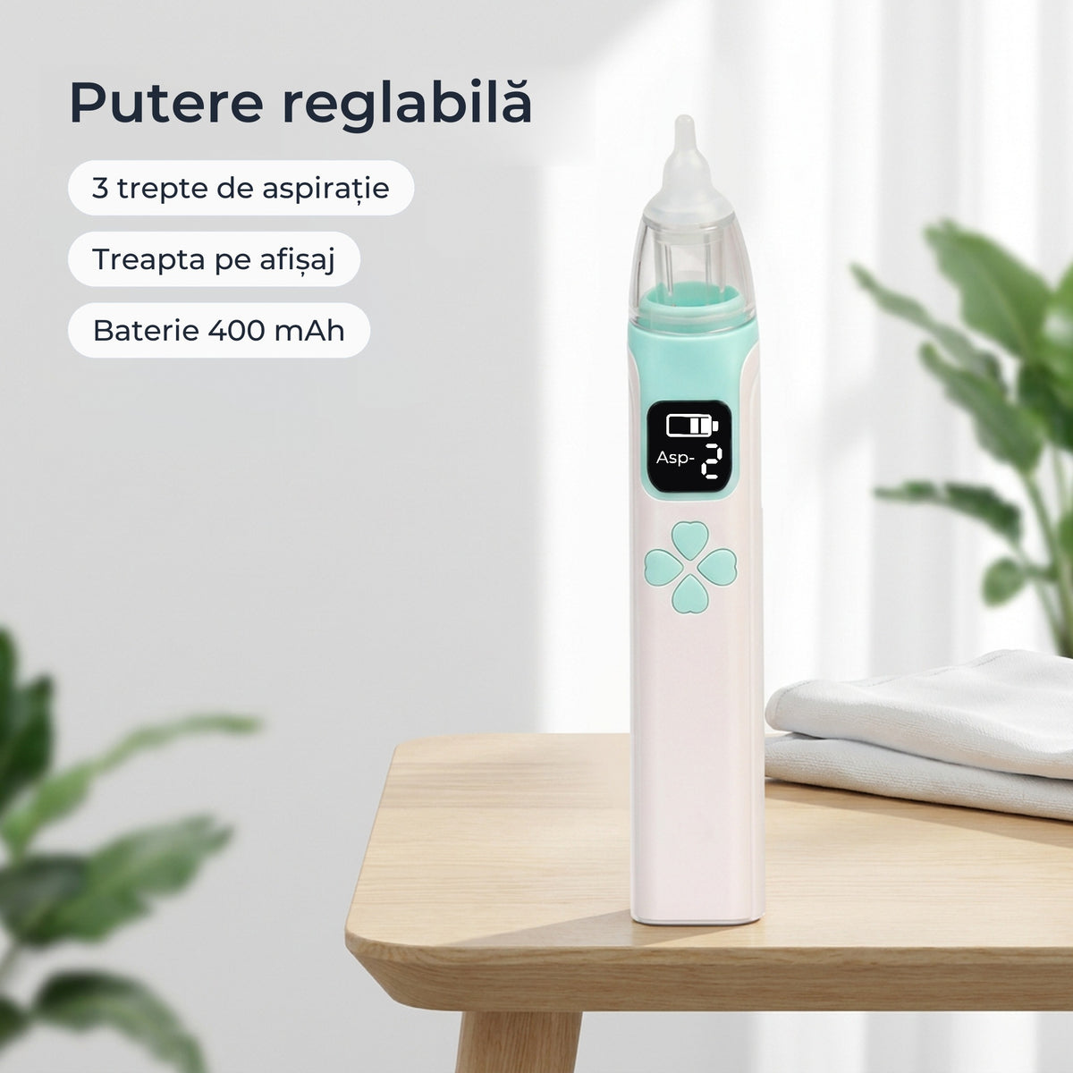 Aspirator nazal electric verde cu 3 trepte de aspirație și baterie de 400 mAh 