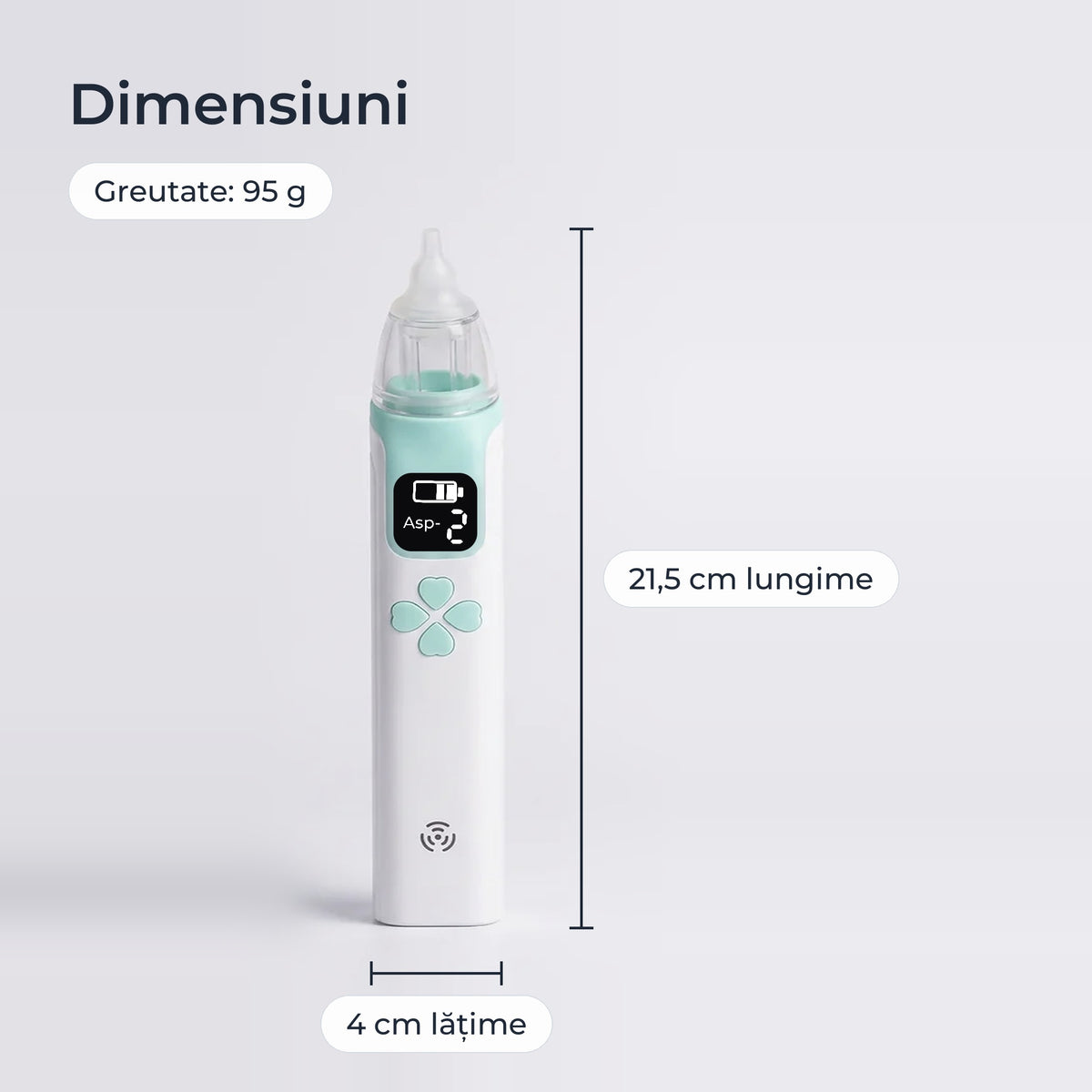 Dimensiunile aspiratorului nazal: 21,5 cm lungime, 4 cm lățime, 95 g 
