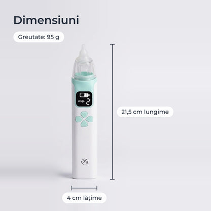 Dimensiunile aspiratorului nazal: 21,5 cm lungime, 4 cm lățime, 95 g 